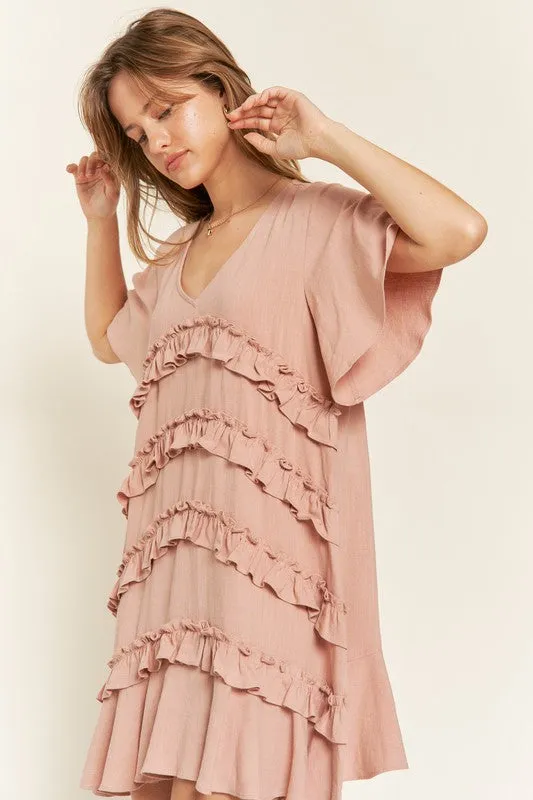 Gentry Curvy Plus Size Tiered Ruffle Mini Dress – V-Neck Flared Sleeves