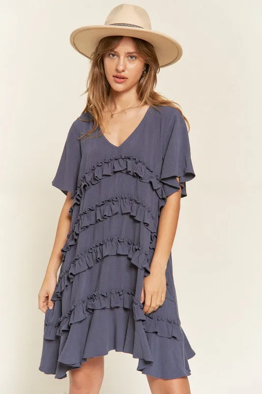 Gentry Curvy Plus Size Tiered Ruffle Mini Dress – V-Neck Flared Sleeves