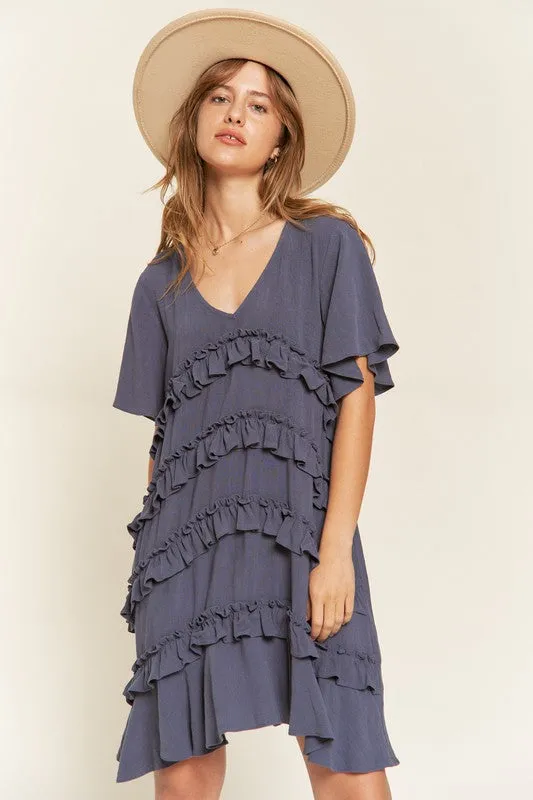 Gentry Curvy Plus Size Tiered Ruffle Mini Dress – V-Neck Flared Sleeves
