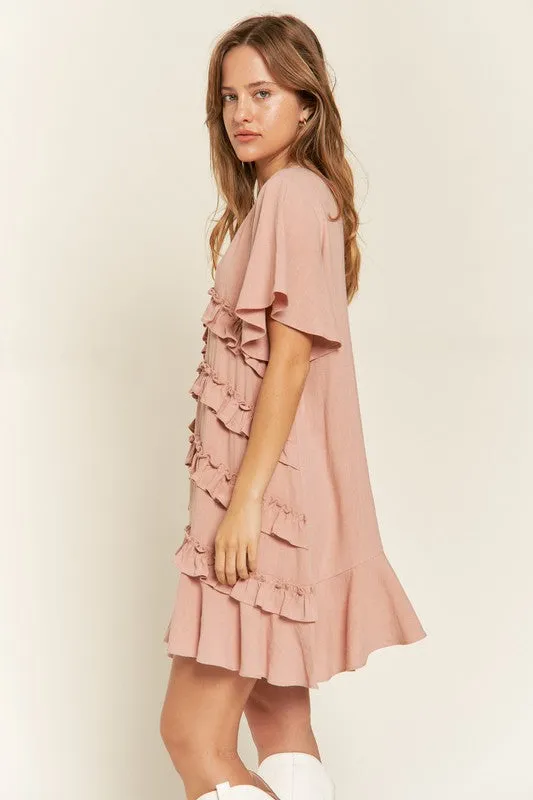Gentry Curvy Plus Size Tiered Ruffle Mini Dress – V-Neck Flared Sleeves