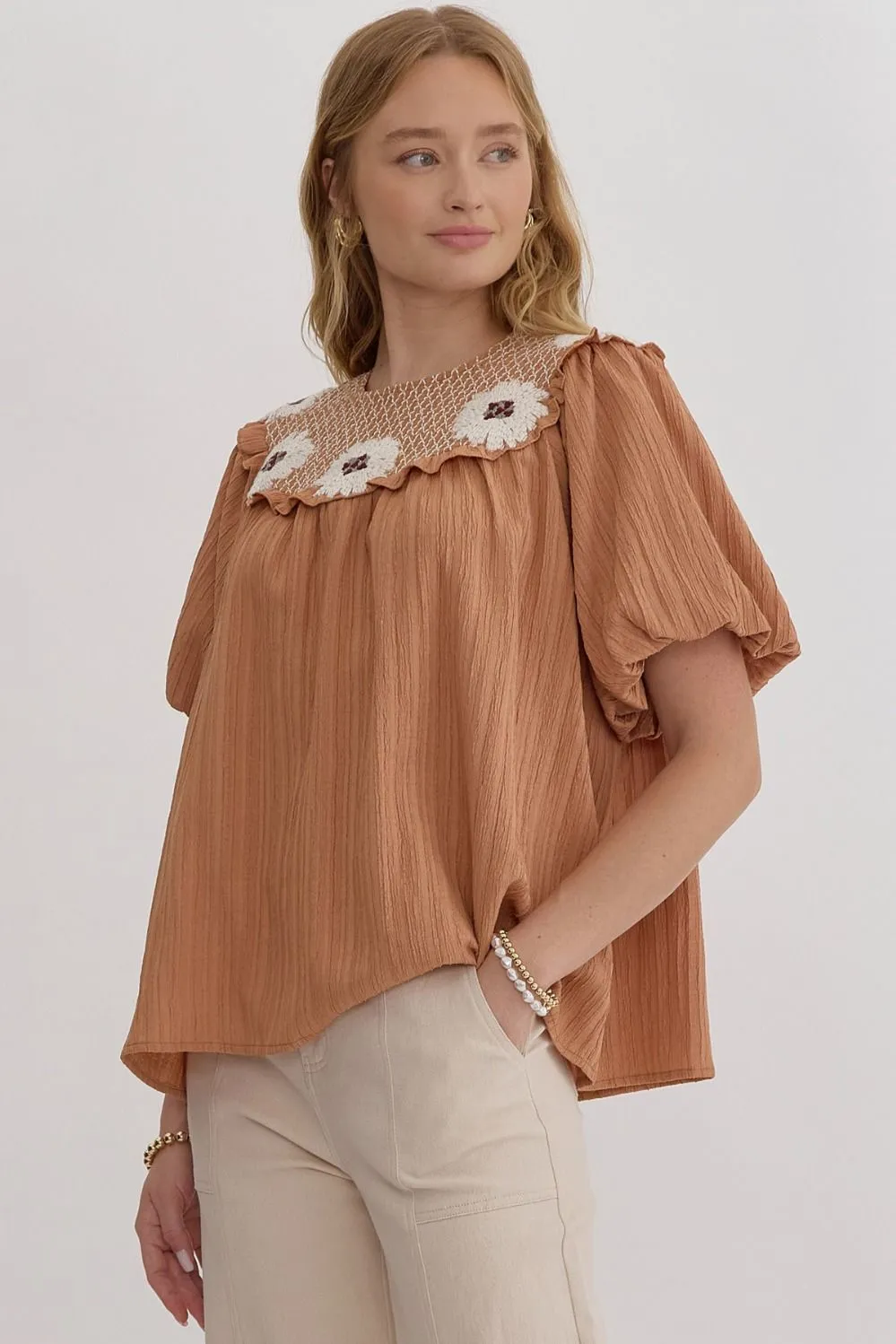 Goldie Textured Bubble Sleeve Smock Top || Camel