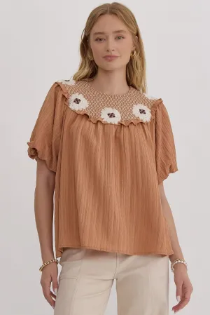 Goldie Textured Bubble Sleeve Smock Top || Camel