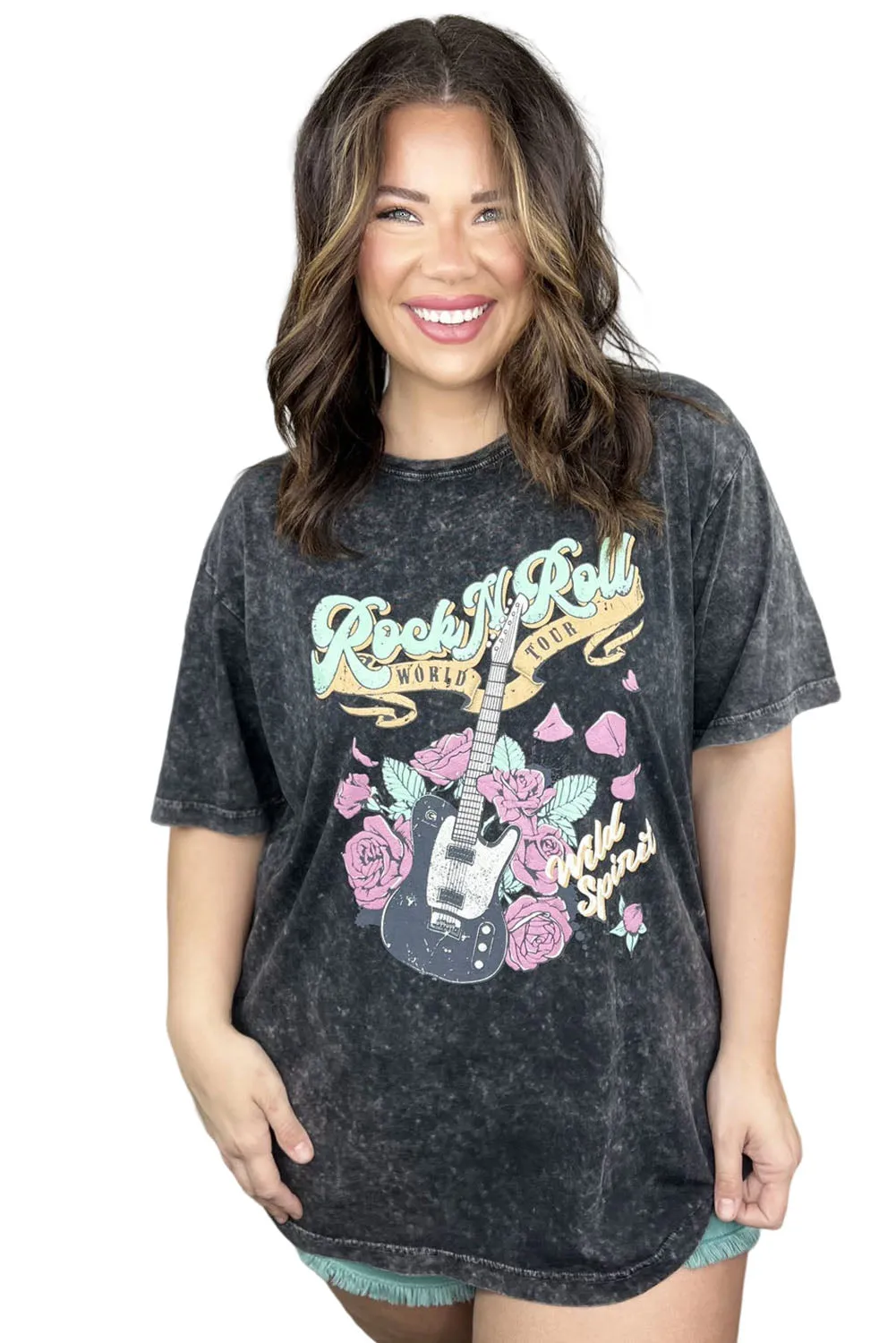 Gray Plus Size Retro Guitar Roses Graphic Washed T-shirt