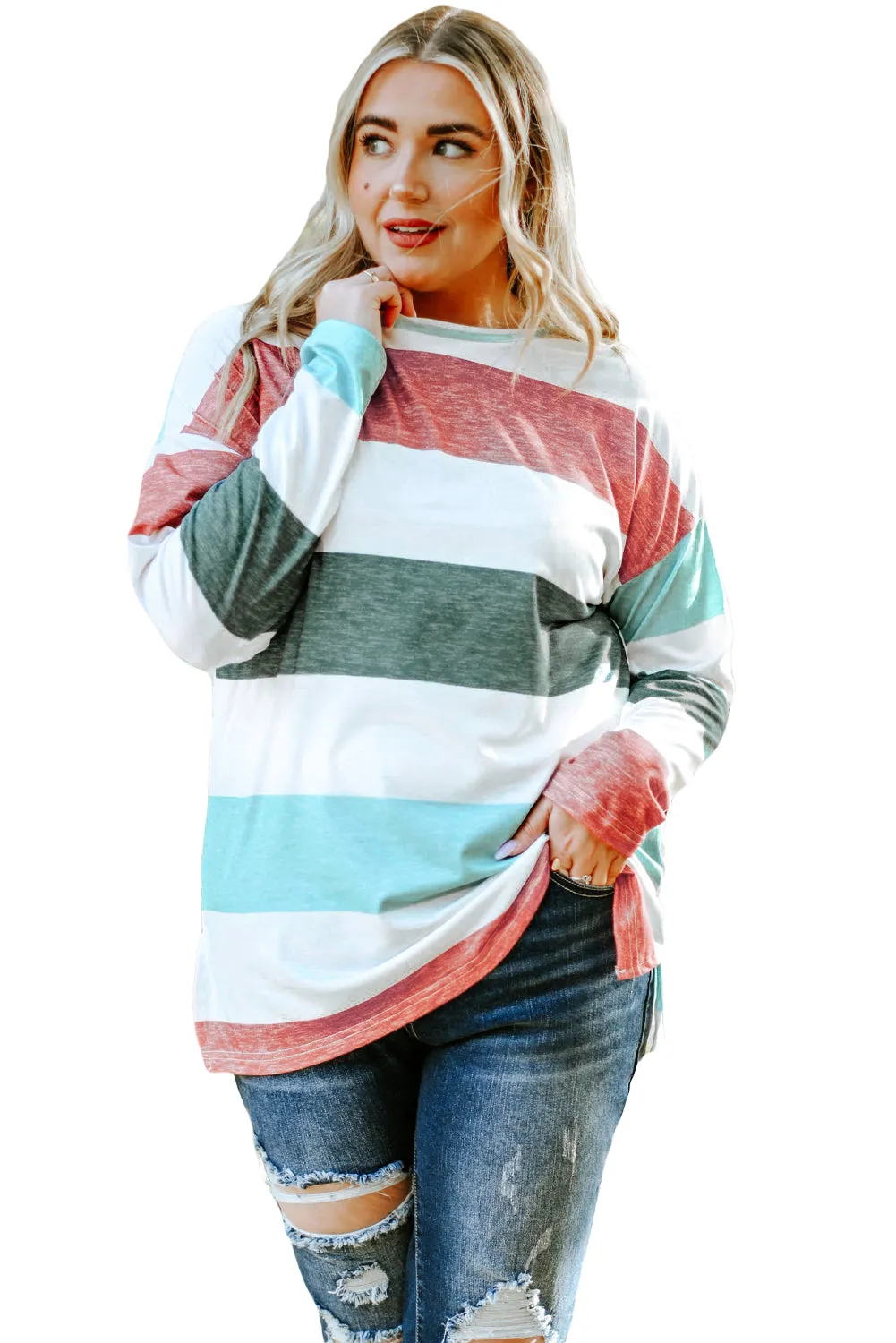 Green Plus Size Colorblock Pullover Top