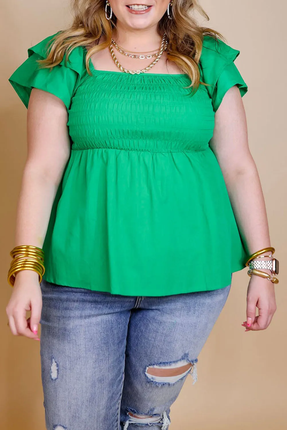 Green Ruffle Tiered Short Sleeve Plus Size Babydoll Top