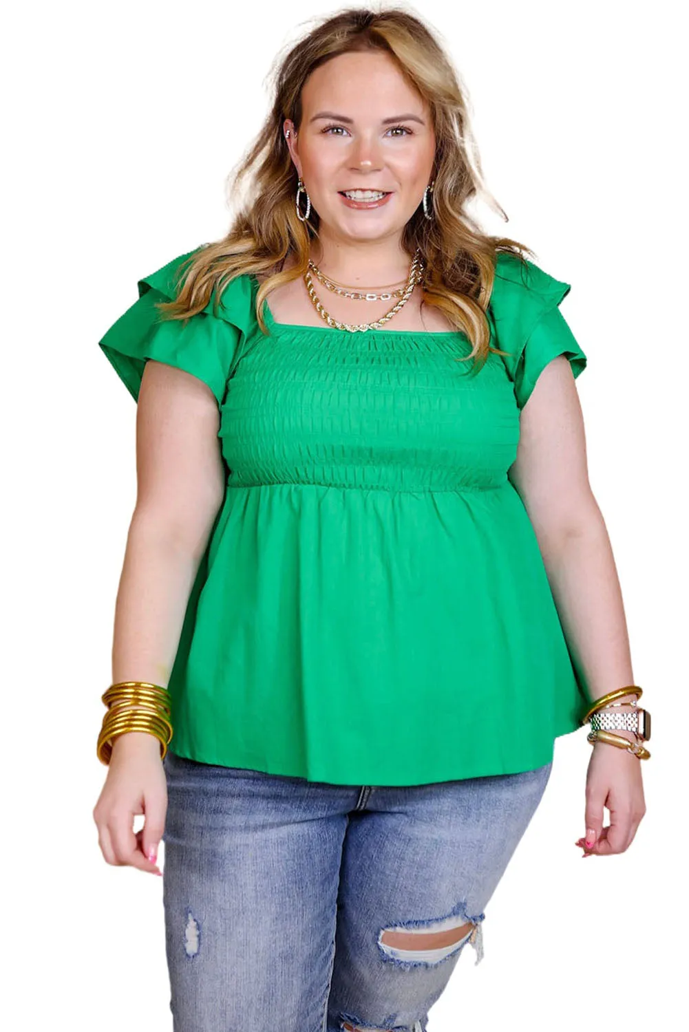 Green Ruffle Tiered Short Sleeve Plus Size Babydoll Top