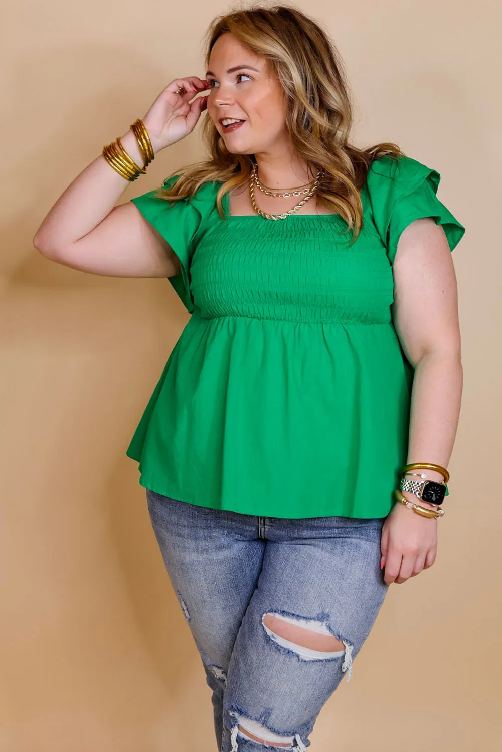 Green Ruffle Tiered Short Sleeve Plus Size Babydoll Top