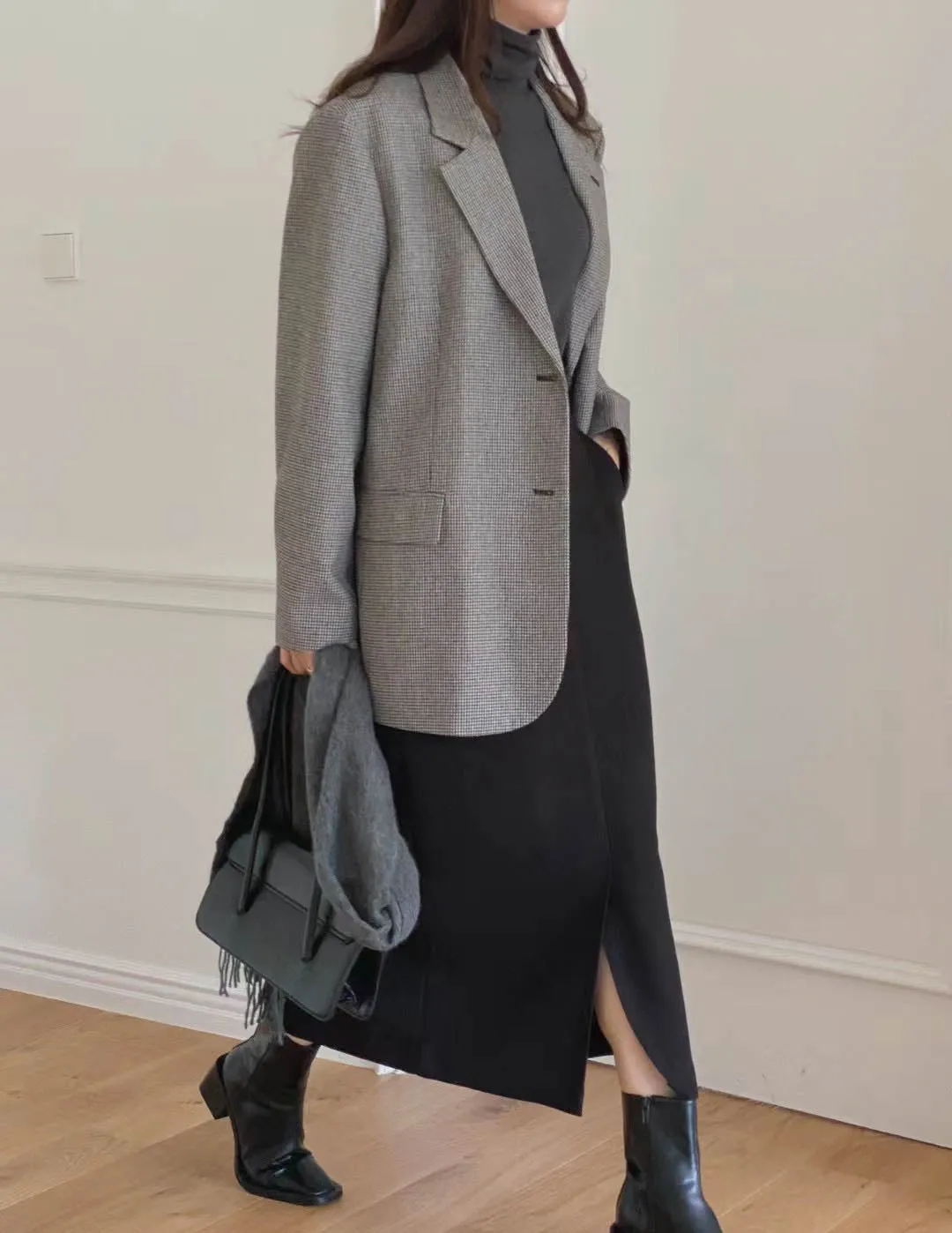 Houndstooth Wool Blazer Black