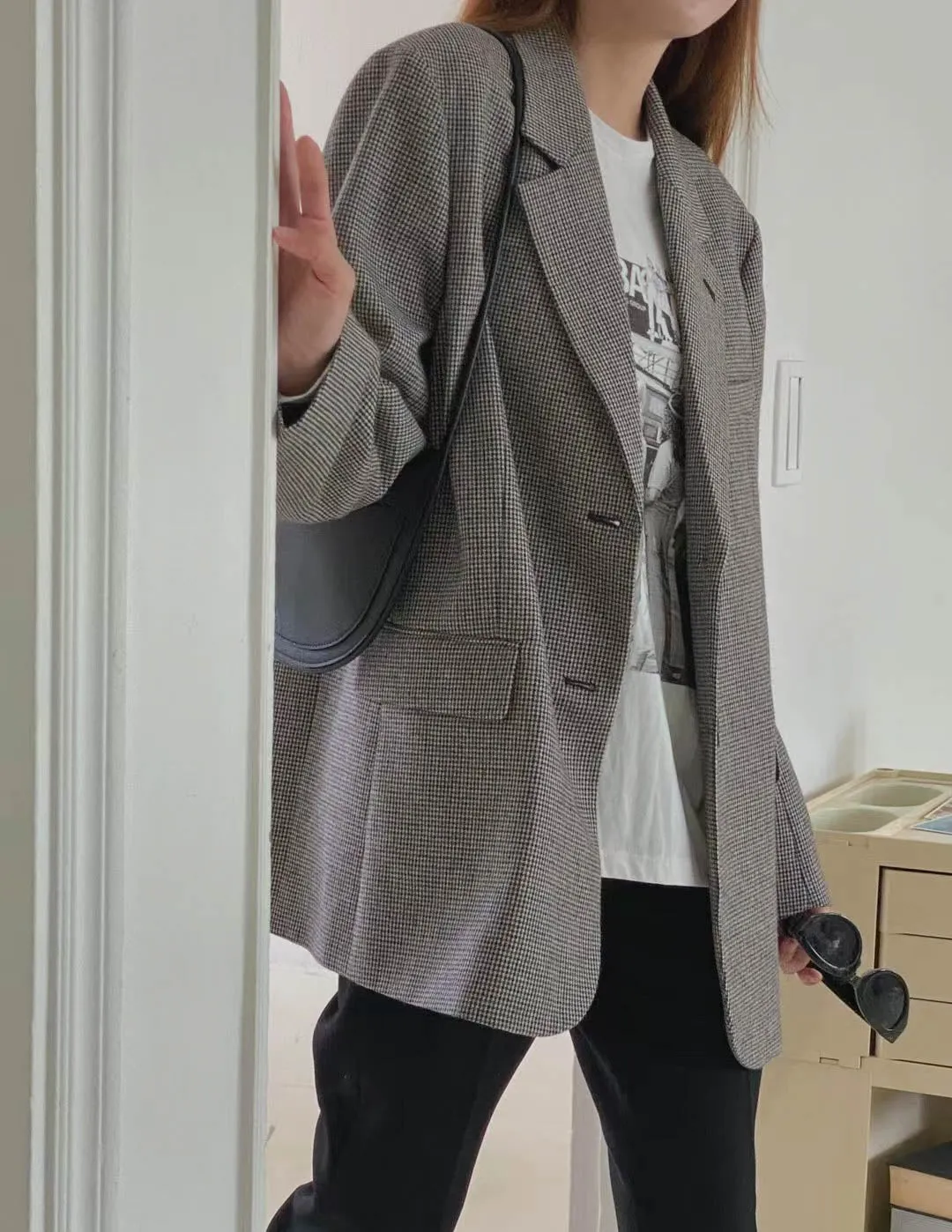 Houndstooth Wool Blazer Black