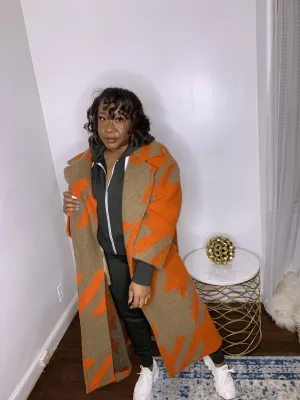 Houndstooth Wool Blend Duster- Orange