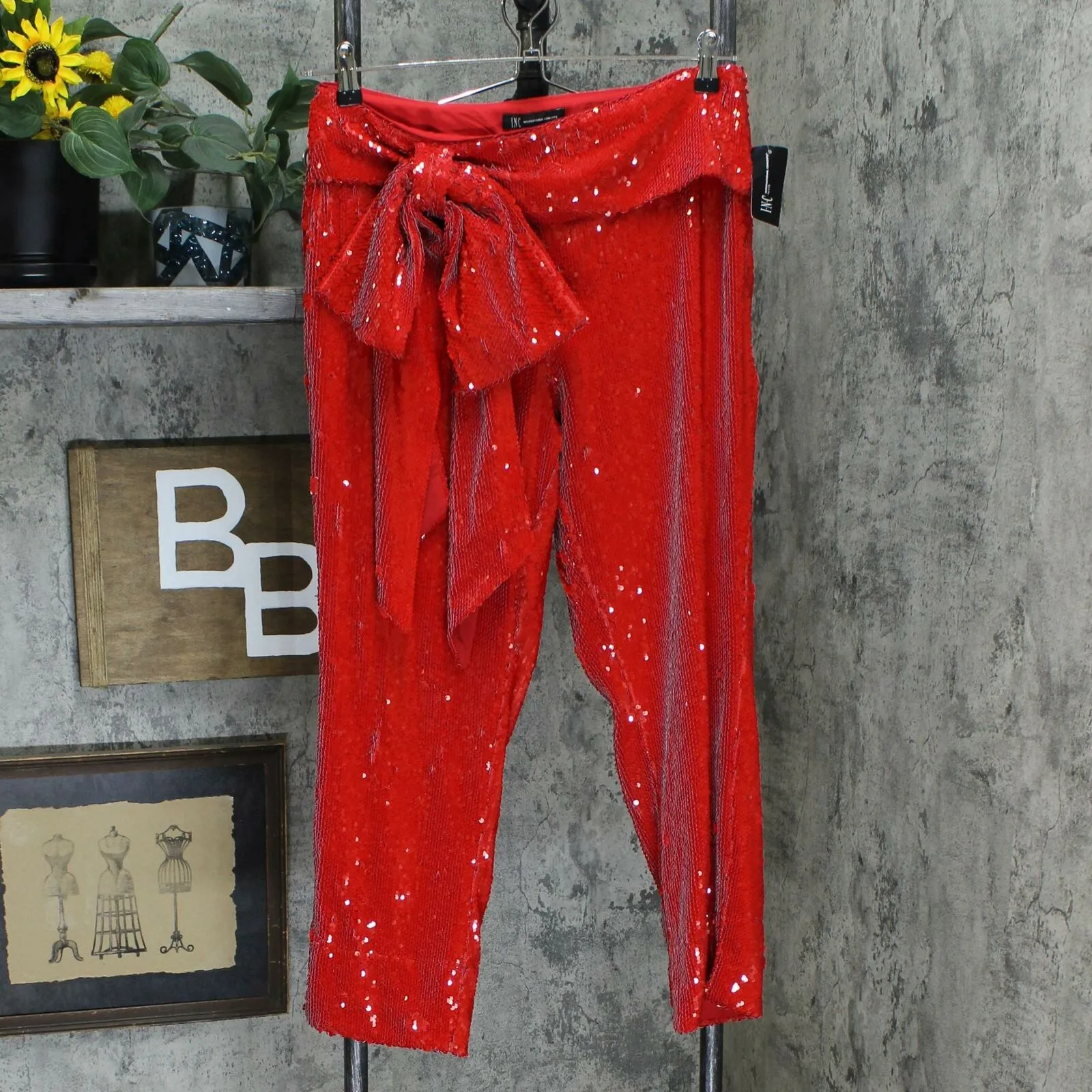 INC International Concepts Petite Tie Waist Sequin Cropped Pants