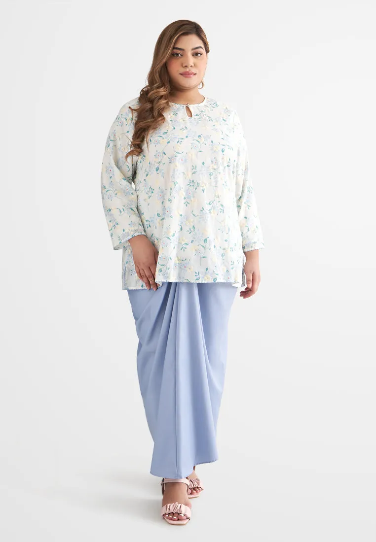 Intan Cotton Embroidery Kurung Kedah Top - Blue