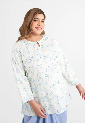 Intan Cotton Embroidery Kurung Kedah Top - Blue