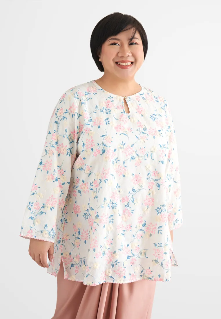 Intan Cotton Embroidery Kurung Kedah Top - Pink