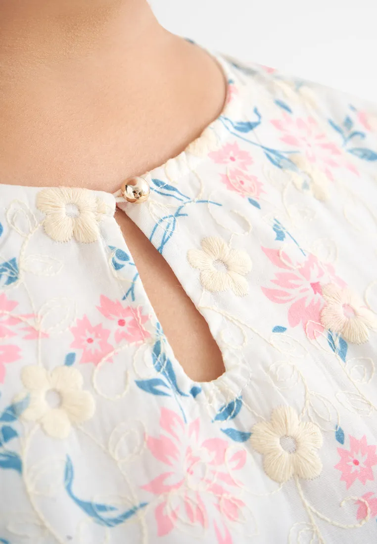 Intan Cotton Embroidery Kurung Kedah Top - Pink