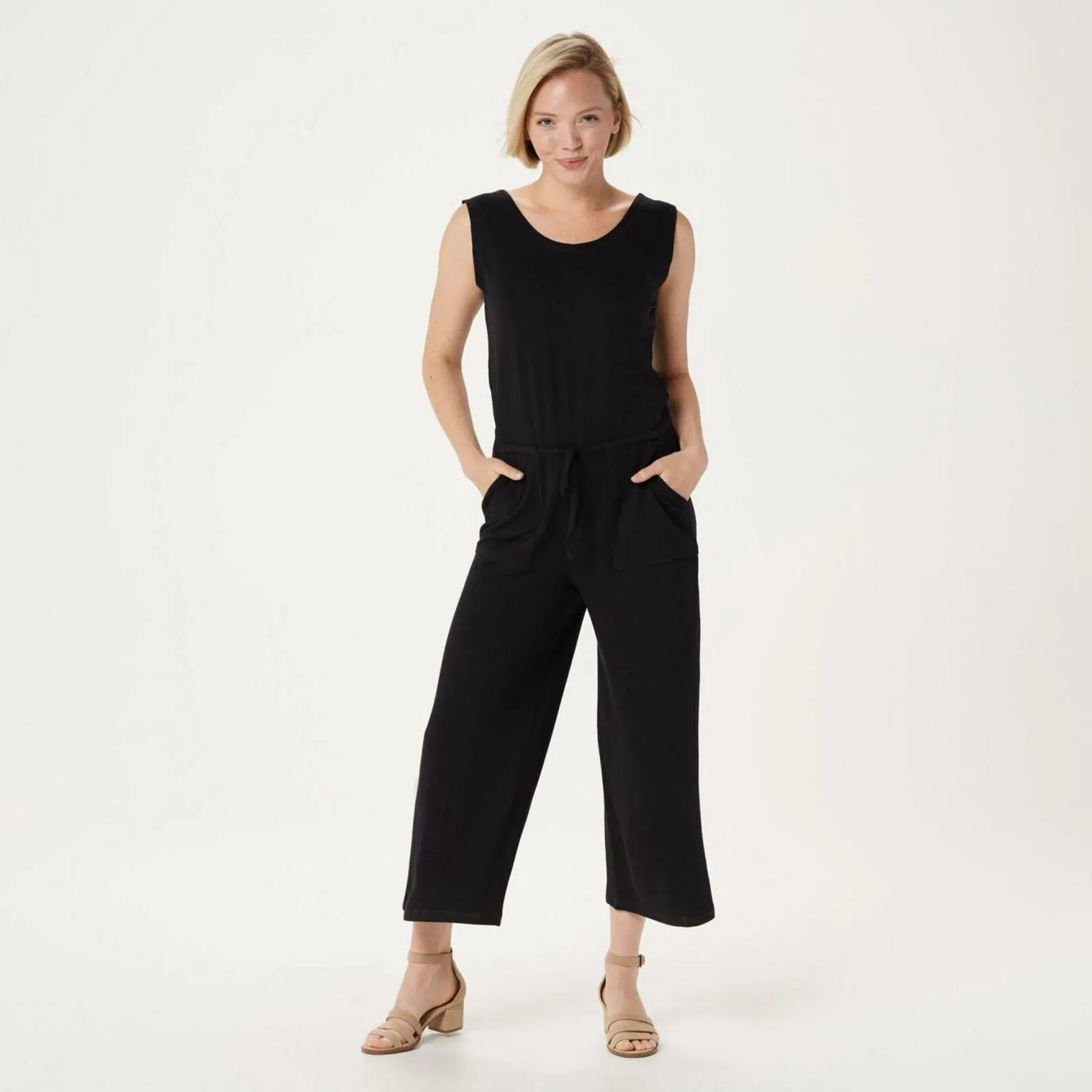 Isaac Mizrahi Live! SOHO Baby French Terry Cropped Jumpsuit Black Petite Large