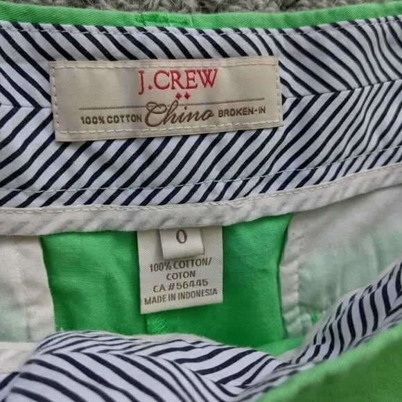 J CREW green cotton chino broke in shorts size 0 @L1