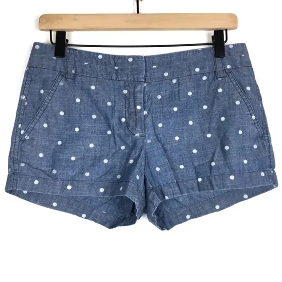 J CREW Shorts Chambray Polka Dot Chino Denim Lightweight Classic Style Size 4