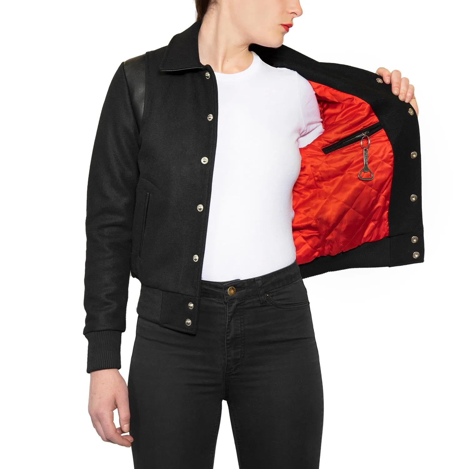 JET VARSITY JACKET W/ RED LINING - BLACK