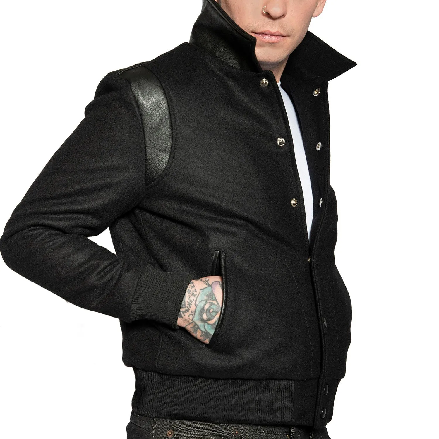 JET VARSITY JACKET W/ RED LINING - BLACK