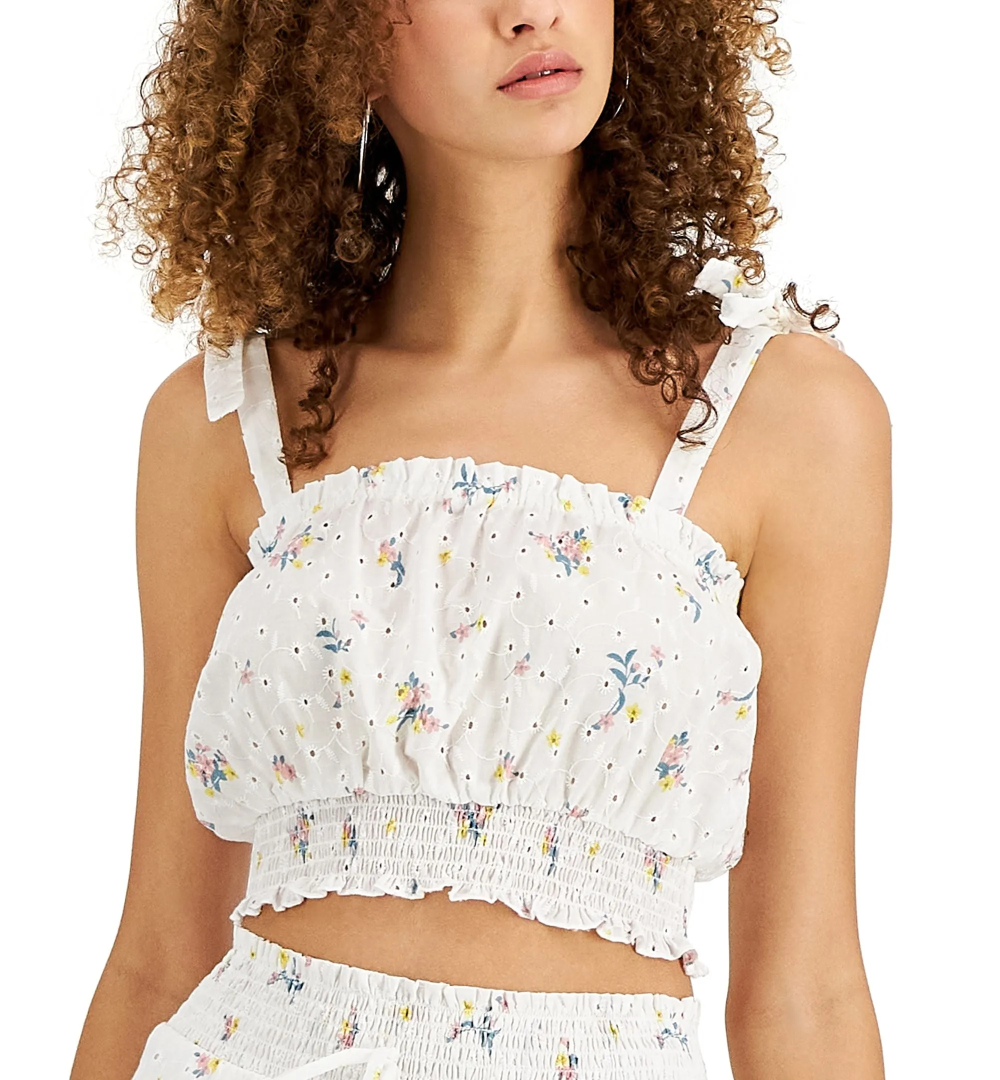 Juniors' Printed Eyelet Cotton Top