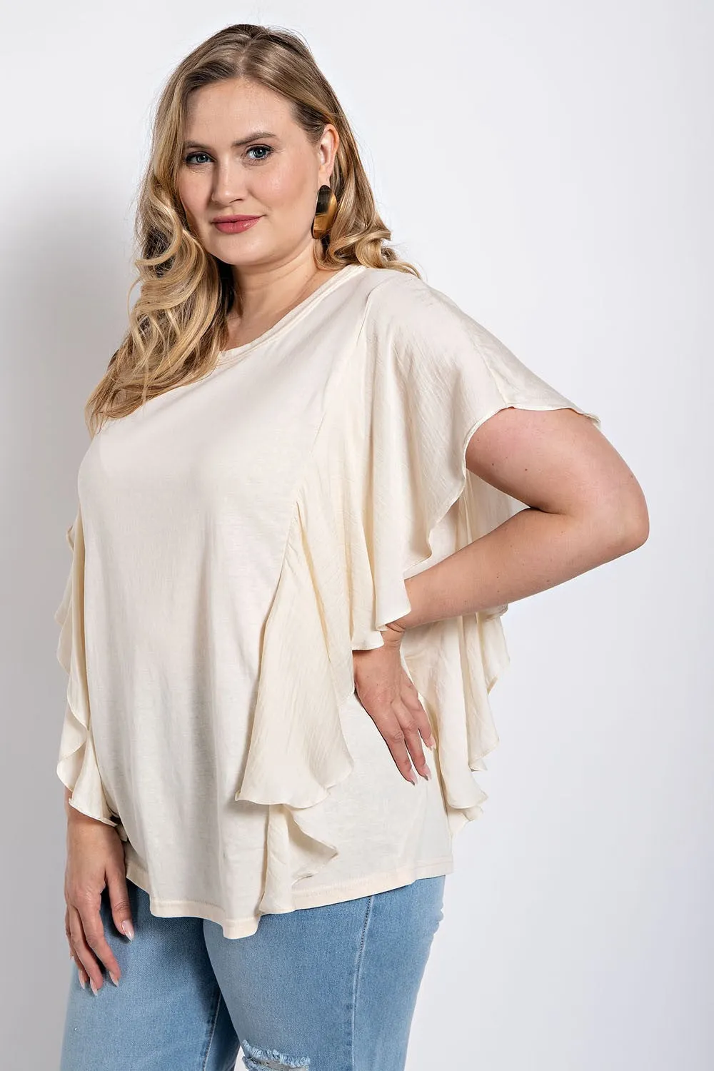 Knit Round Neck Top with Washed Satin Flowy Sleeves