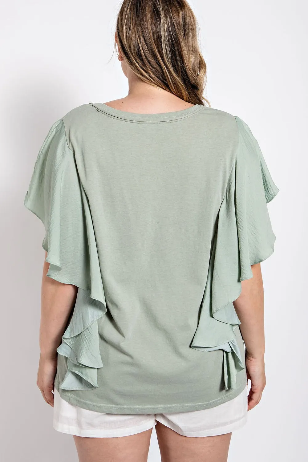 Knit Round Neck Top with Washed Satin Flowy Sleeves