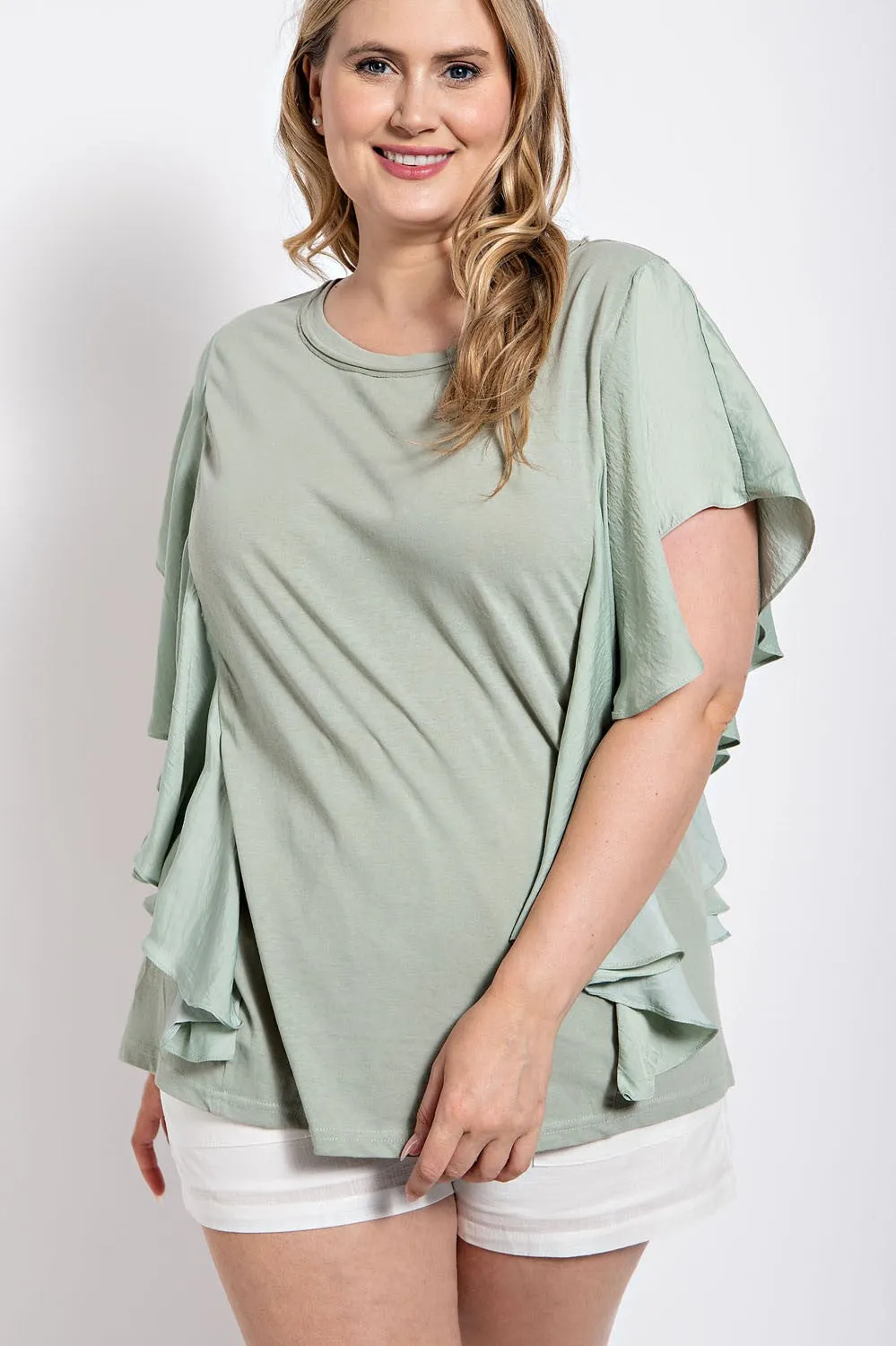 Knit Round Neck Top with Washed Satin Flowy Sleeves