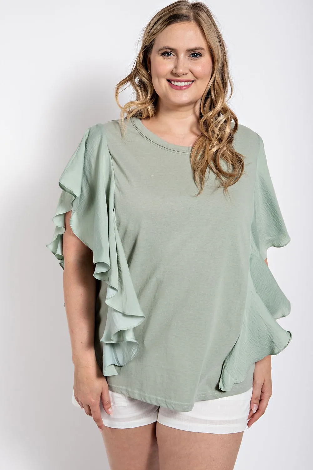 Knit Round Neck Top with Washed Satin Flowy Sleeves