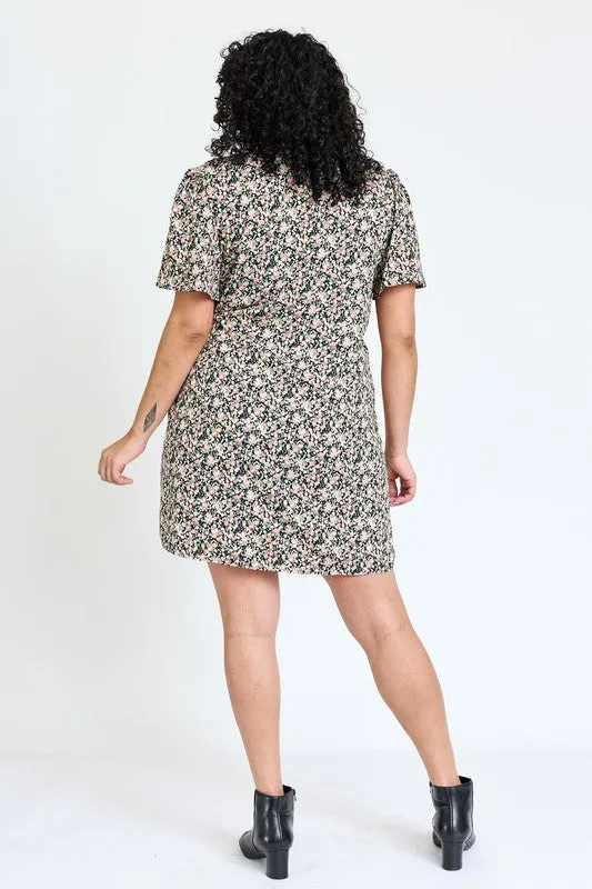 Kyla Plus Ditsy Floral Wrap Dress - Curvy Sizes, V-Neck, Mini Length