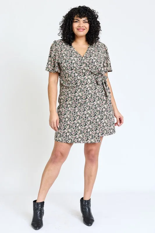 Kyla Plus Ditsy Floral Wrap Dress - Curvy Sizes, V-Neck, Mini Length