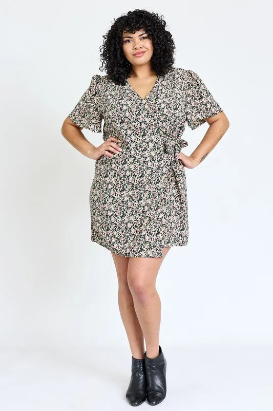 Kyla Plus Ditsy Floral Wrap Dress - Curvy Sizes, V-Neck, Mini Length