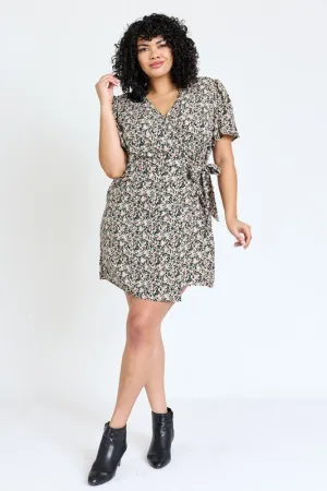 Kyla Plus Ditsy Floral Wrap Dress - Curvy Sizes, V-Neck, Mini Length