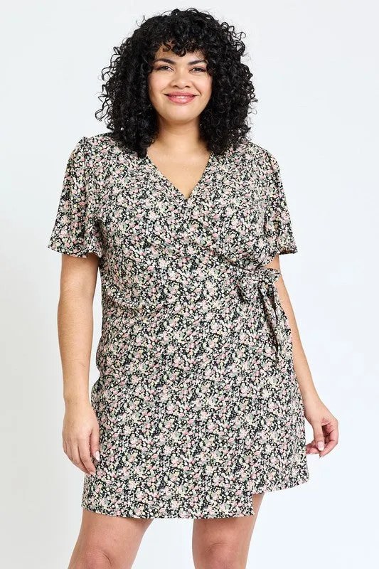 Kyla Plus Ditsy Floral Wrap Dress - Curvy Sizes, V-Neck, Mini Length