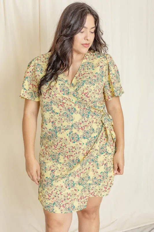 Kyla Plus Ditsy Floral Wrap Dress - Curvy Sizes, V-Neck, Mini Length