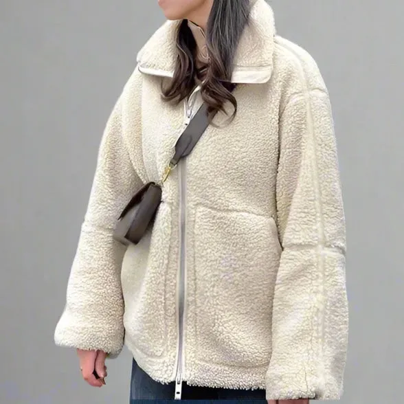 Lamb Wool Cropped Zipper Coat