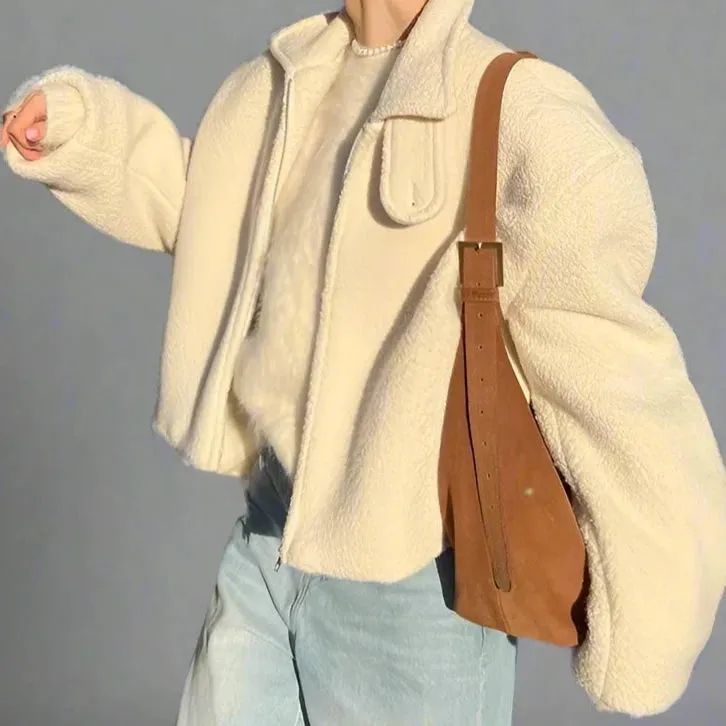 Lamb Wool Cropped Zipper Coat