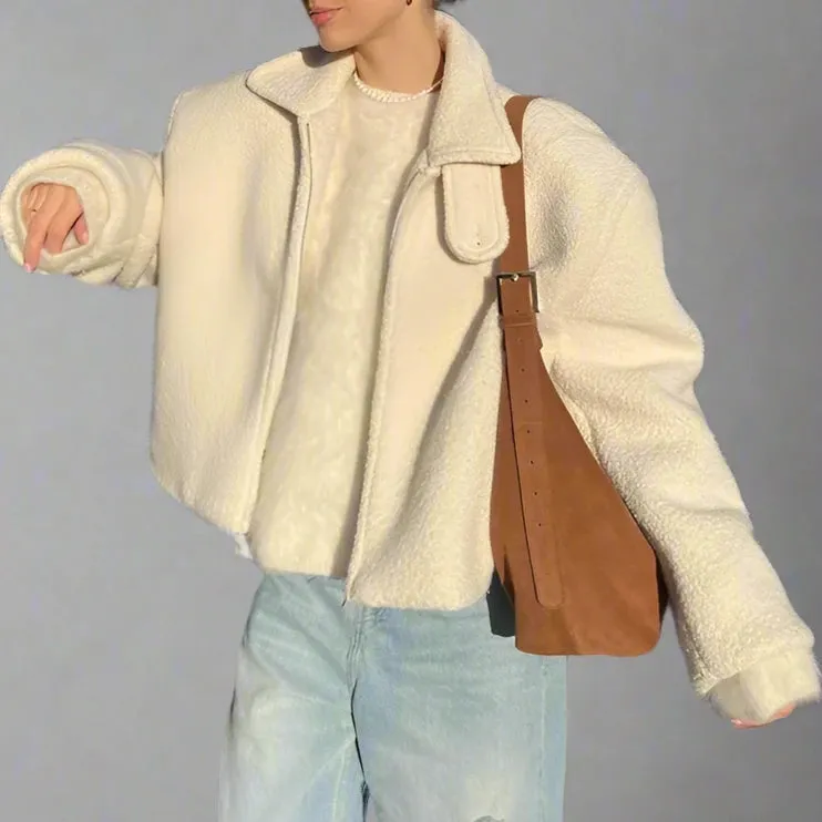 Lamb Wool Cropped Zipper Coat