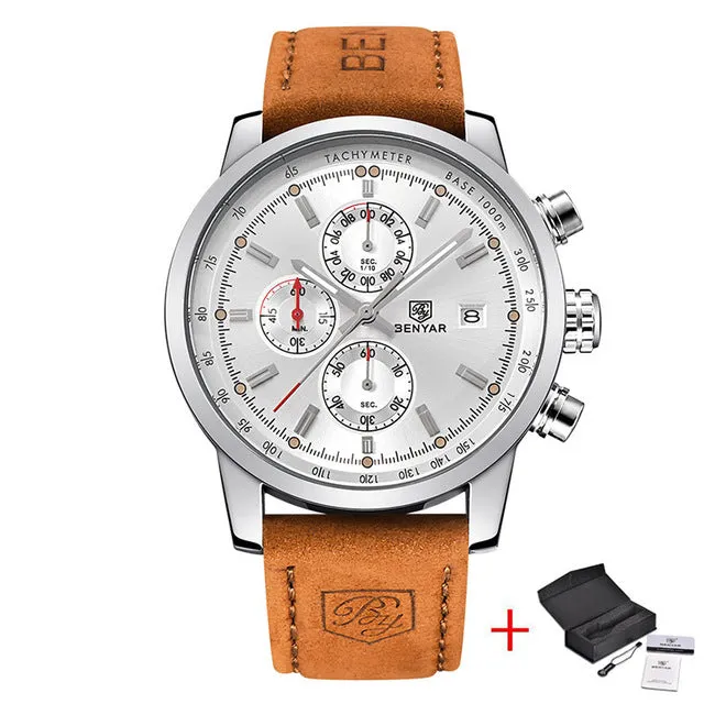 Leather Waterproof Sport Quartz Chronograph Wrist Watch