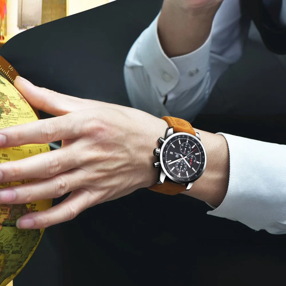 Leather Waterproof Sport Quartz Chronograph Wrist Watch