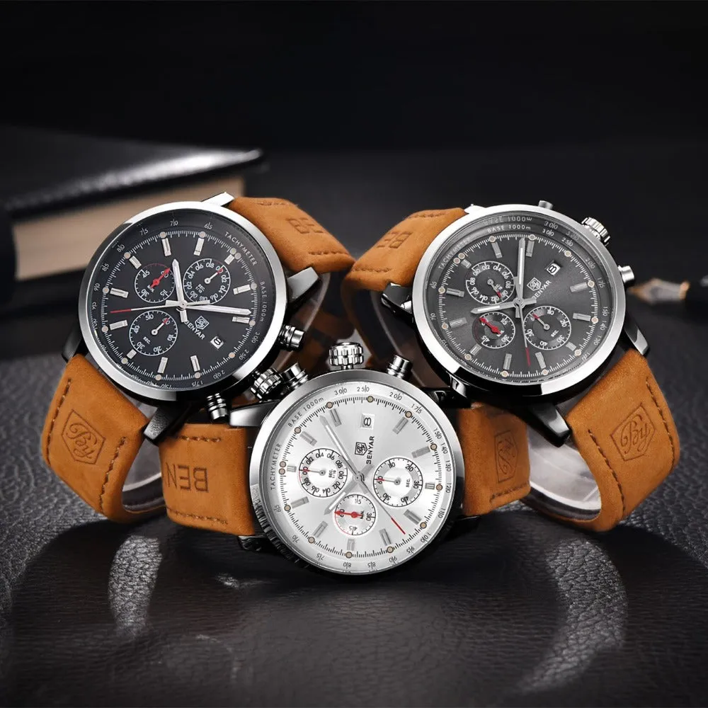 Leather Waterproof Sport Quartz Chronograph Wrist Watch