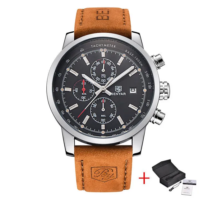 Leather Waterproof Sport Quartz Chronograph Wrist Watch