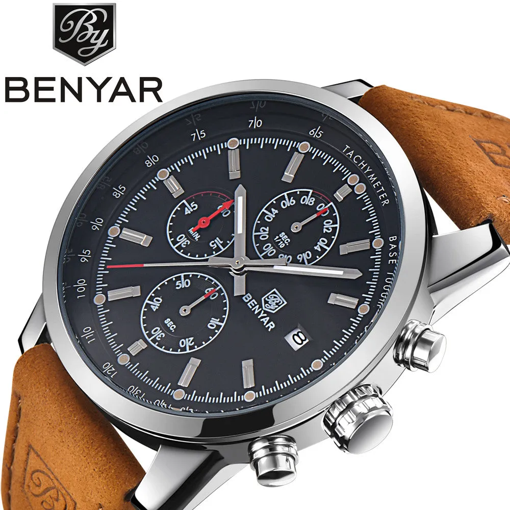 Leather Waterproof Sport Quartz Chronograph Wrist Watch