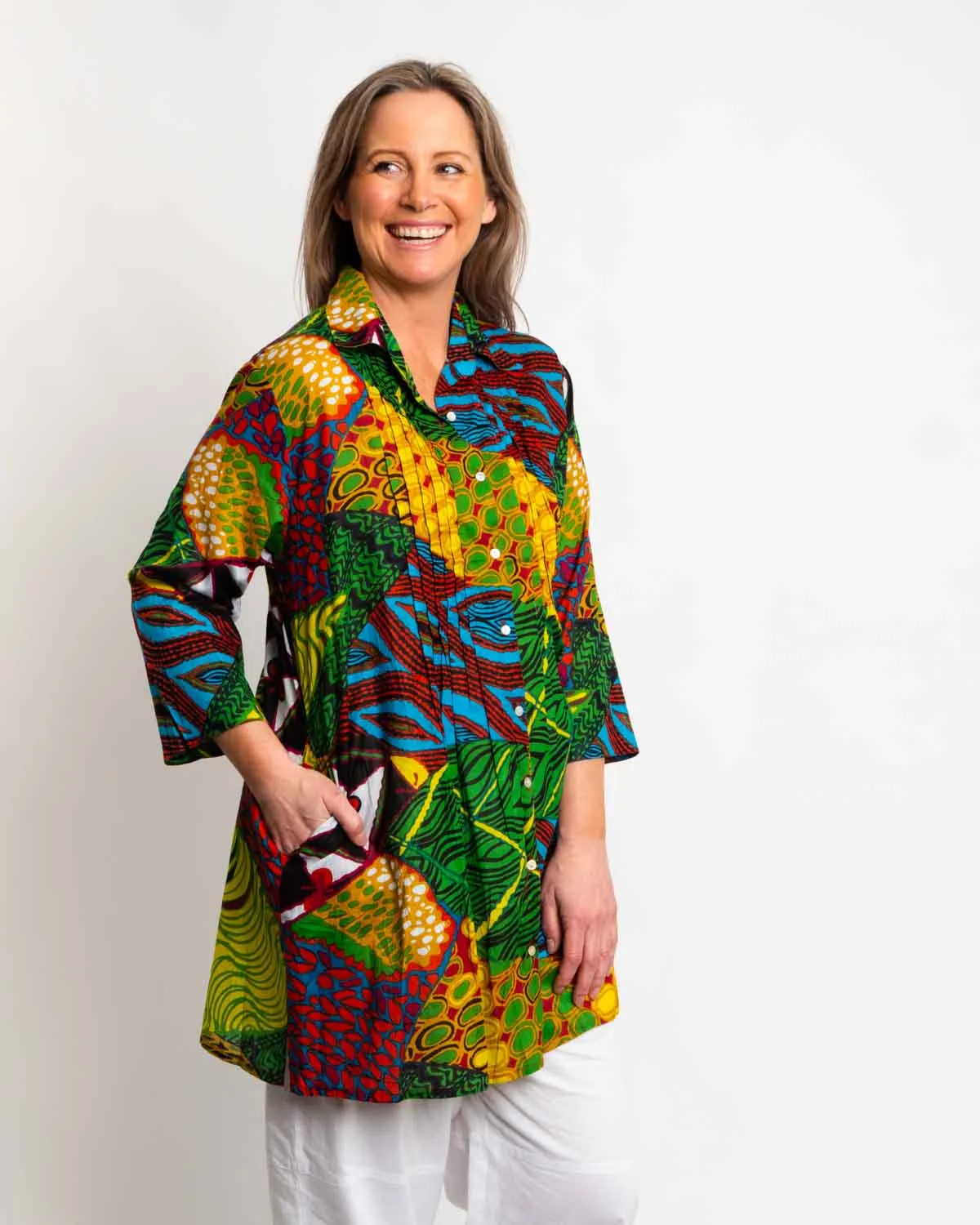 Long Collared Pleated Shirt in Green Festival