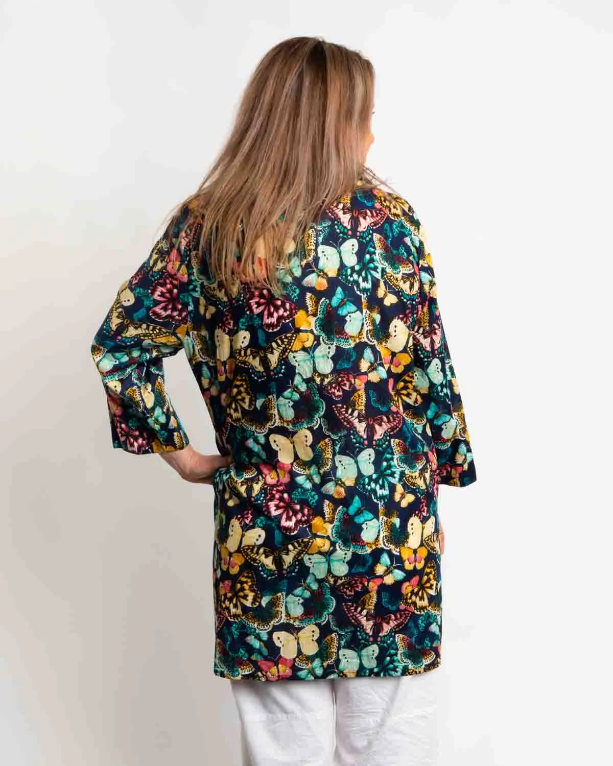 Long Collared Pleated Shirt in Navy Butterfly