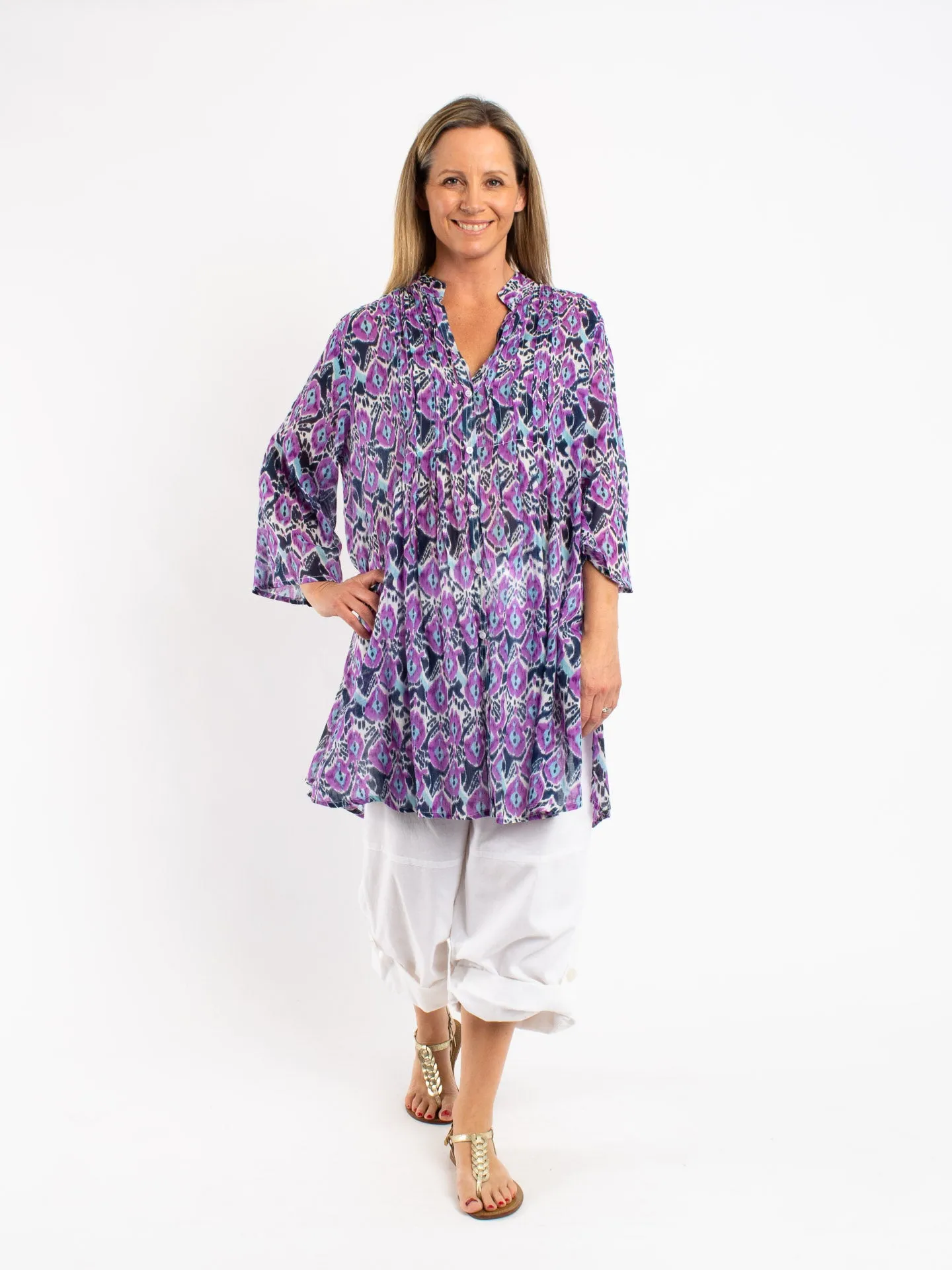 Long Pleated Shirt in Blue Purple Abstract