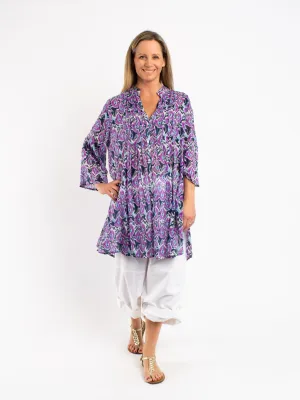 Long Pleated Shirt in Blue Purple Abstract