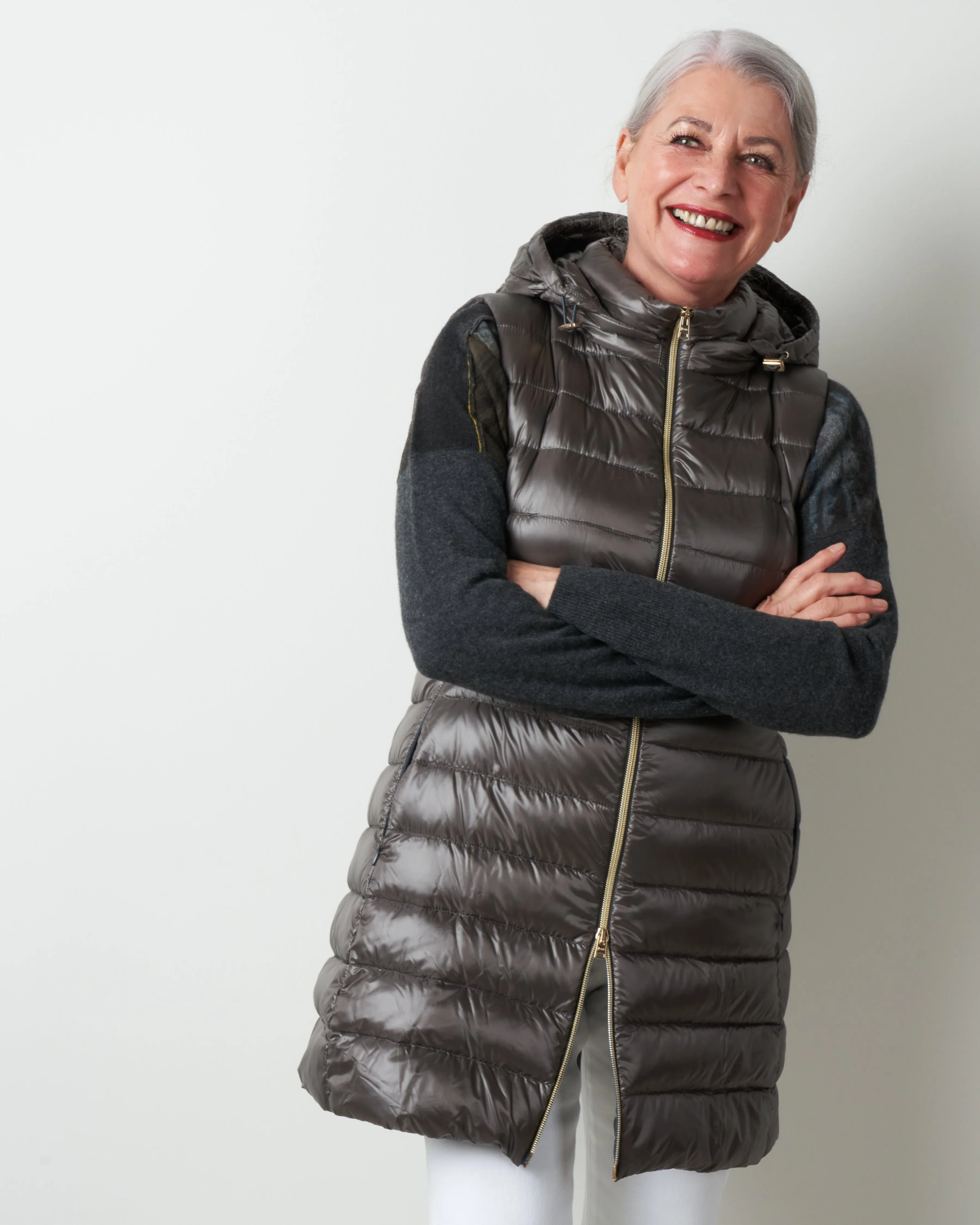 long vest with removable hood - grigio