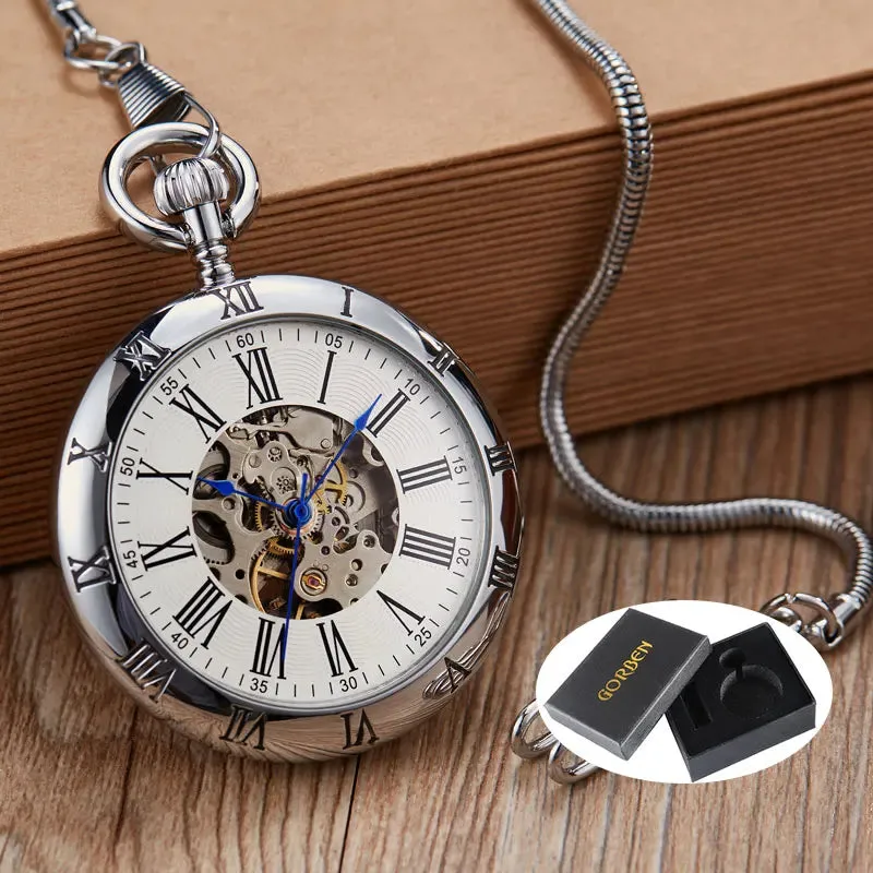 Luxury Copper Silver Automatic Mechanical Pocket Watch Clock Fob Chain Watch Men Roman Numbers Clock High Quality Pocket watches
