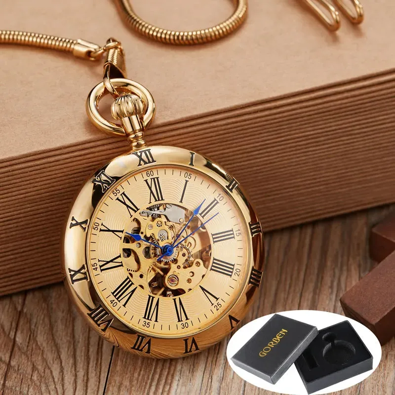 Luxury Copper Silver Automatic Mechanical Pocket Watch Clock Fob Chain Watch Men Roman Numbers Clock High Quality Pocket watches
